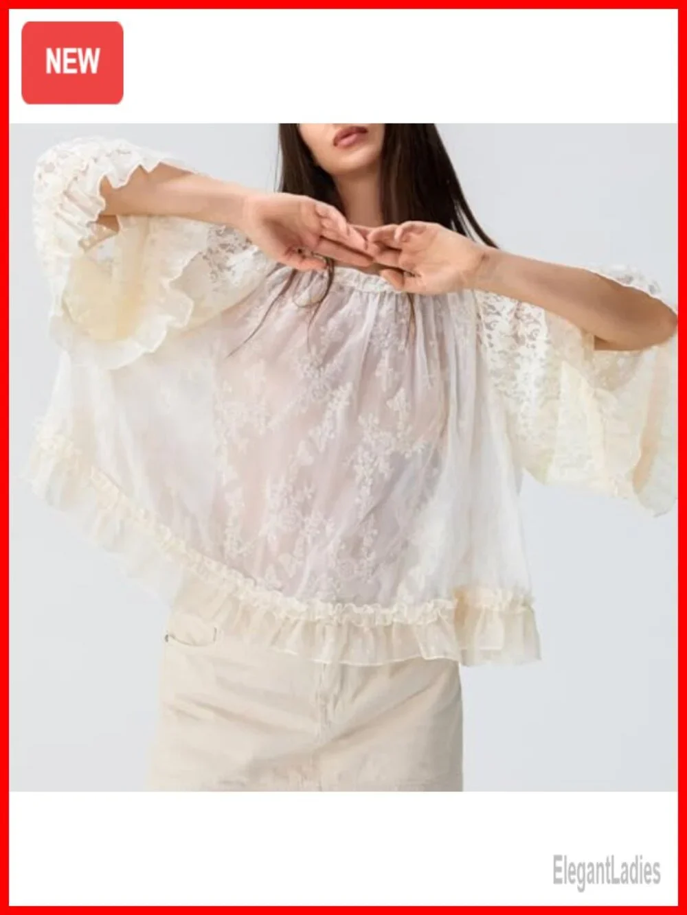 Boho Lace Sheer Mesh Long Sleeve Ruffle Flowy Top Blouse